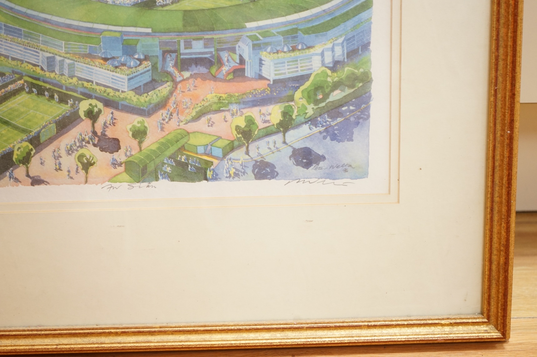 Peter Welton (b. 1933), 'The New Number One Court, Wimbledon', signed and numbered 300/850 to the margin, lithograph in colours, the image 36cm x 30cm